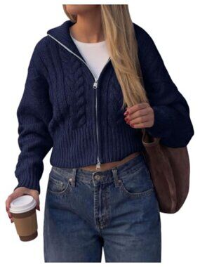 Cable Knit Cropped Cardigan Zip Up Sweater